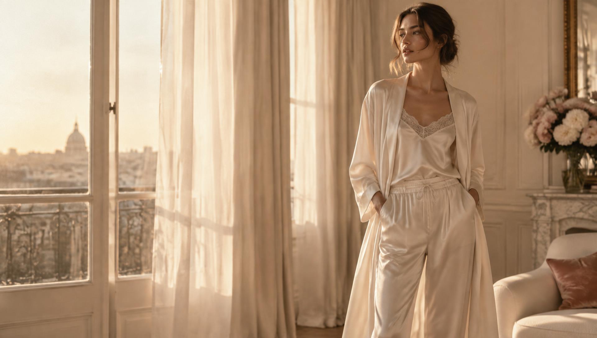 Women in soft neutral robes in a warmly lit suite
