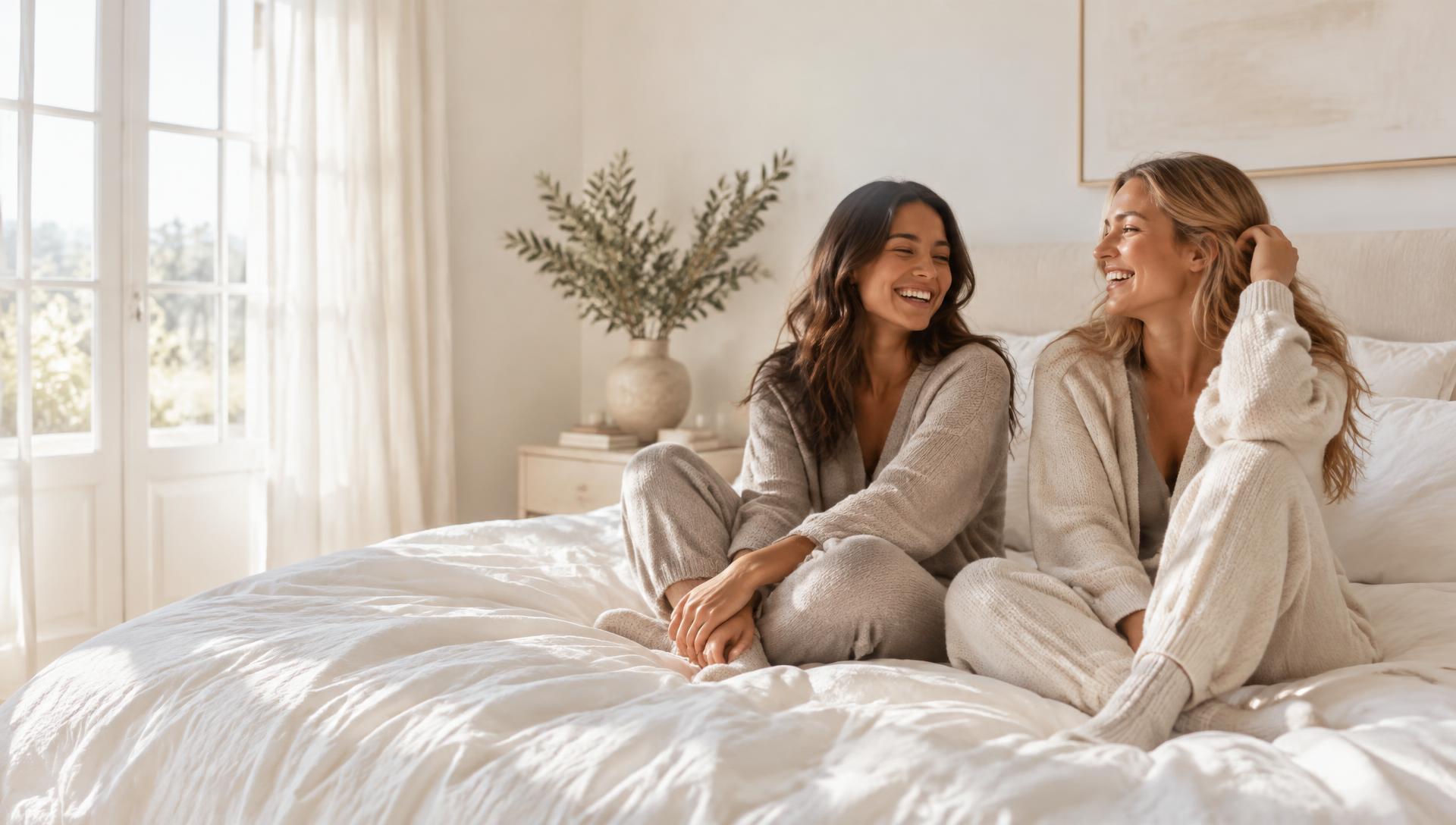 Two women relaxing in neutral loungewear