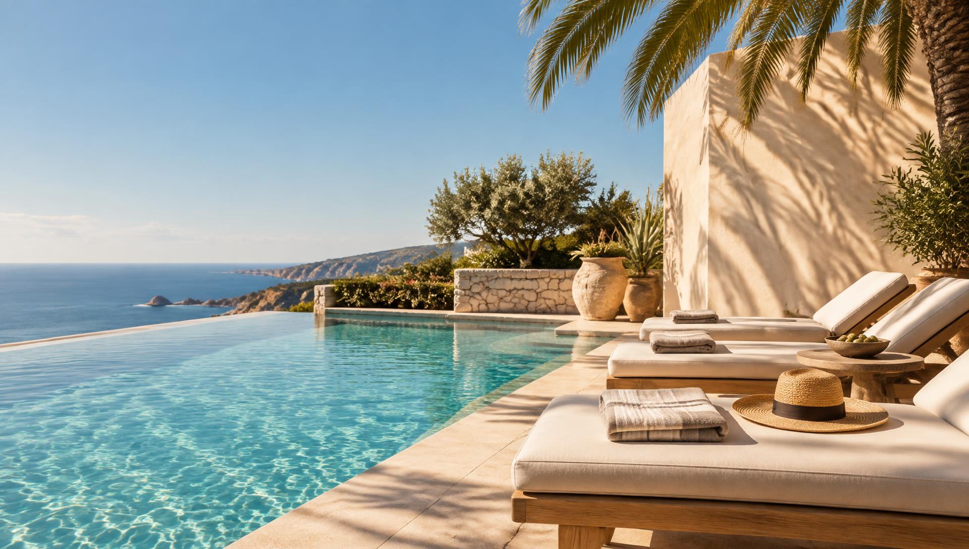 Sunlit tropical poolside with palm shadows
