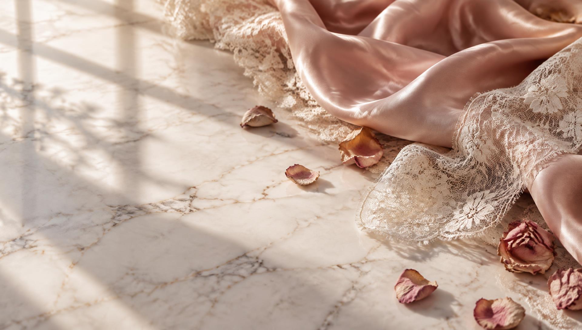 Blush silk and lace fabric draped in a bright atelier