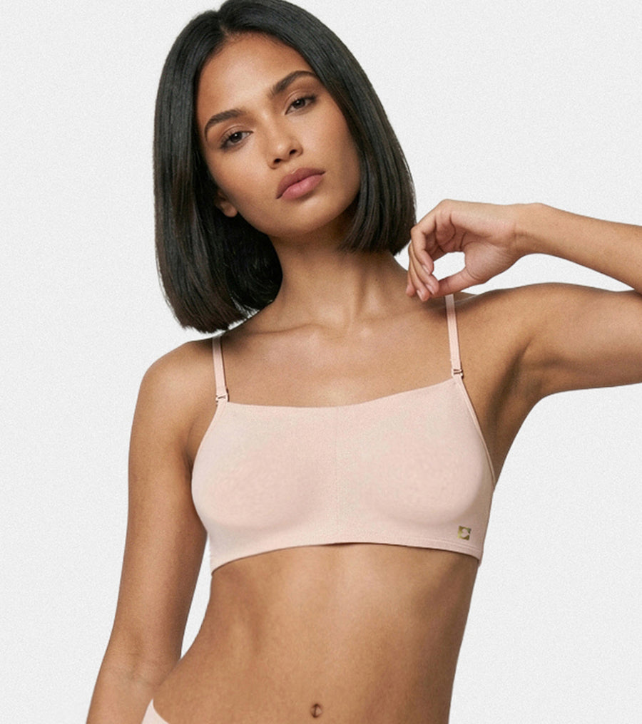 Enamor Moulded Double Layer Front Women's Cotton Cami Bra - Detachable Slim Straps with Back Keyhole, Non Padded, Wirefree, High Coverage - A022 (Black)
