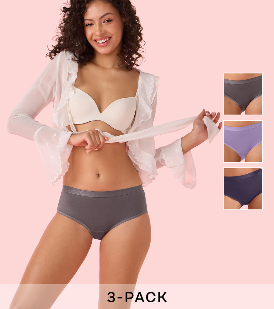 Enamor CH07 Chic Cotton, Naturally Breathable Cotton, All Day Comfort, Mid Waist Brief Panty for Women - Antimicrobial with Stain Release, Soft Outer jacquard Elastic, Full Coverage - Pack of 3 (Multicolorsolid)